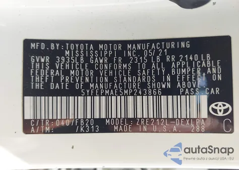 2021 Toyota Corolla Le z USA, uszkodzony, nr VIN 5YFEPMAE5MP243866